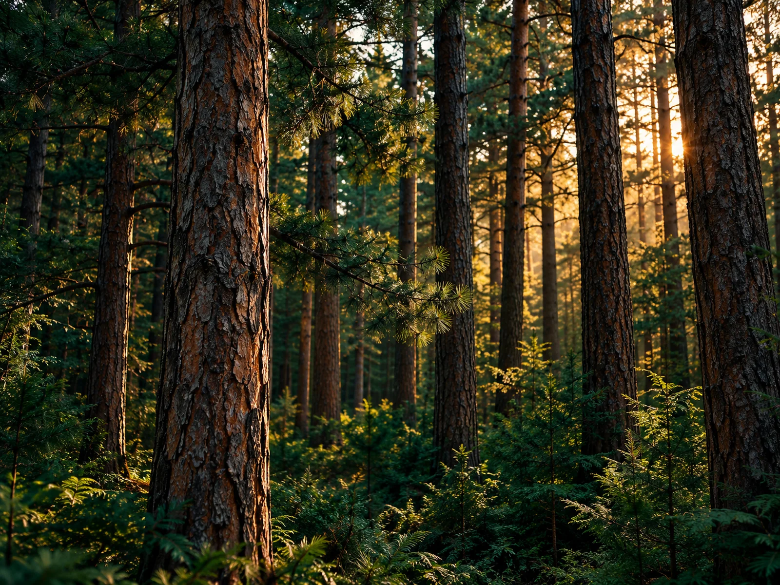 Bosque de pinos al atardecer