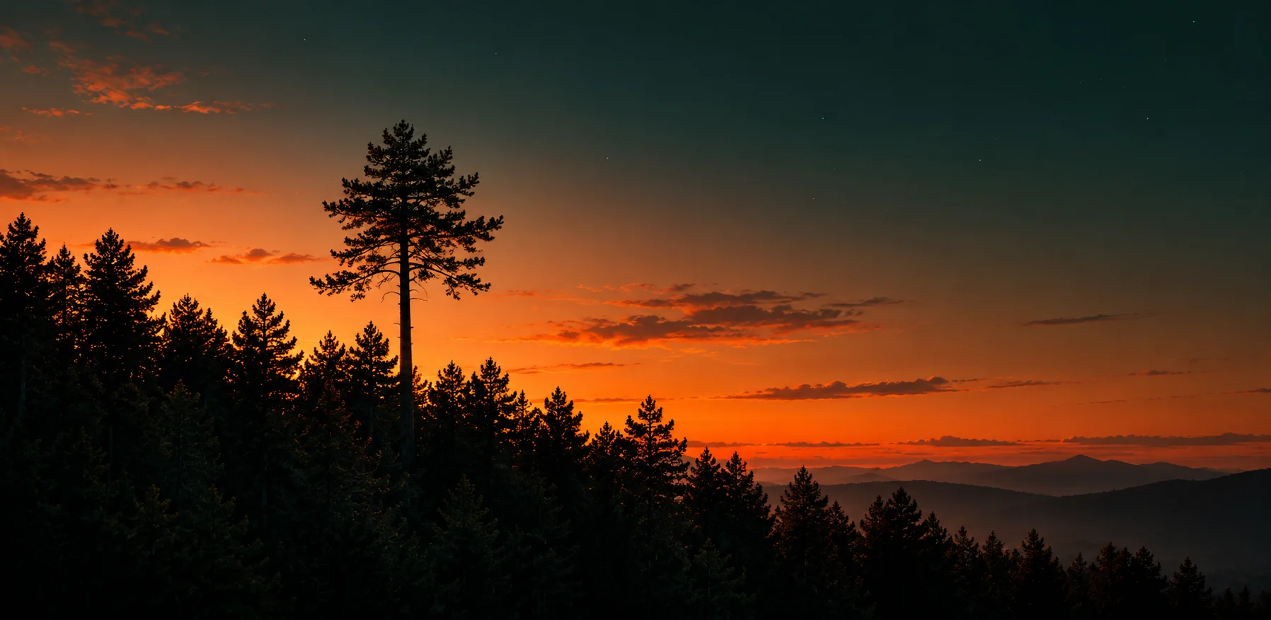 Pino sobre el bosque al atardecer
